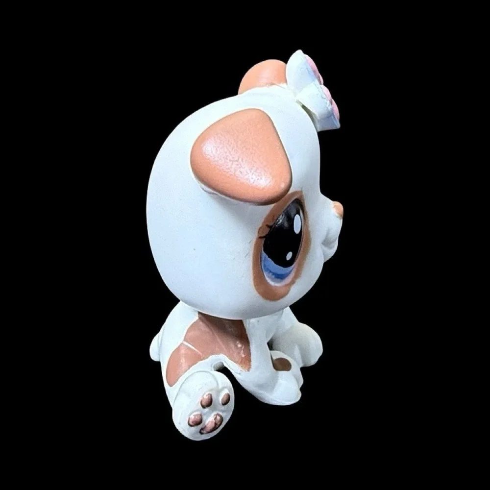 Littlest Pet Shop White Bulldog Dog Figure LPS #2106 w/Flower Brown Spots